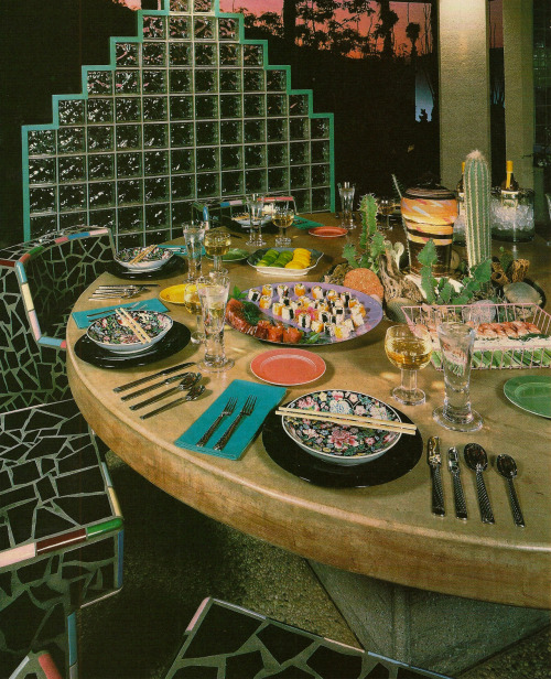 80sdeco:  patio sushi party with glass brick half wall, mosaic tile seating, cacti, and a lot of silverware