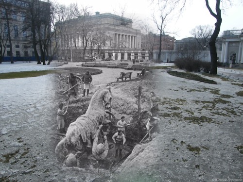 cosascool:  The Ghosts of World War II by Sergey Larenkov Taking old World War II photos, Russian photographer Sergey Larenkov carefully photoshops them over more recent shots to make the past come alive. Not only do we get to experience places like