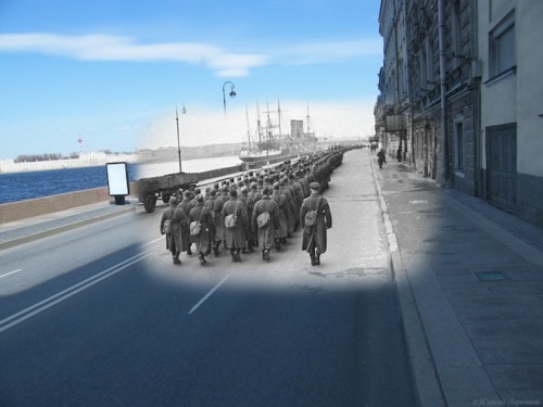 cosascool:  The Ghosts of World War II by Sergey Larenkov Taking old World War II photos, Russian photographer Sergey Larenkov carefully photoshops them over more recent shots to make the past come alive. Not only do we get to experience places like