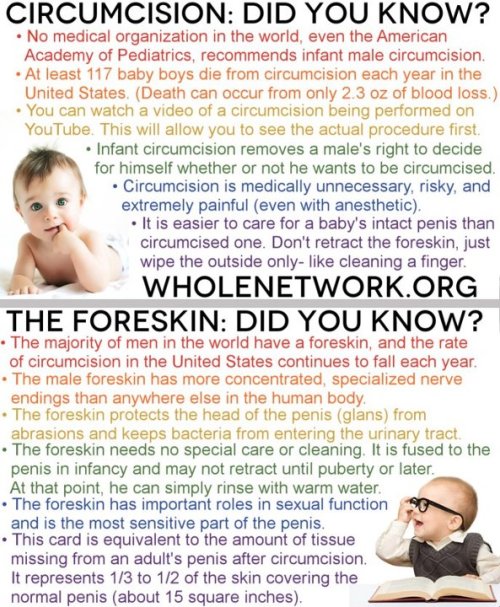 mommyslittlesunshine:  Knowledge is power. I agree, everyone finds female circumcision abhorrent, but somehow finds male circumcision OK, Because it “looks better”…   I’m glad I’m uncut… I love my cock just the way it is,