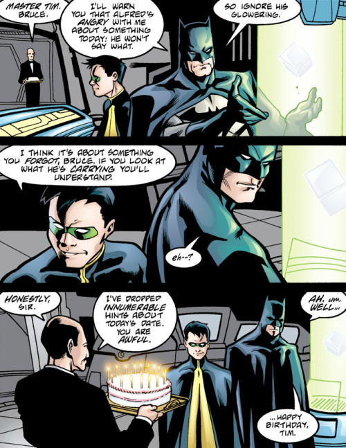 cassjasontimdicksteph:fragileicicle:fragileicicle:Tim Drake Birthday Spam!From Robin #116. Alfred is