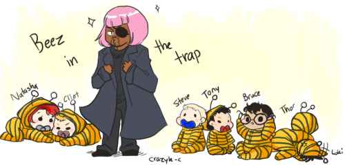 crazyk-c: Exagie requested Baby!Avengers (and loki) being babysat by an Adult Nick Fury~ (I also thr