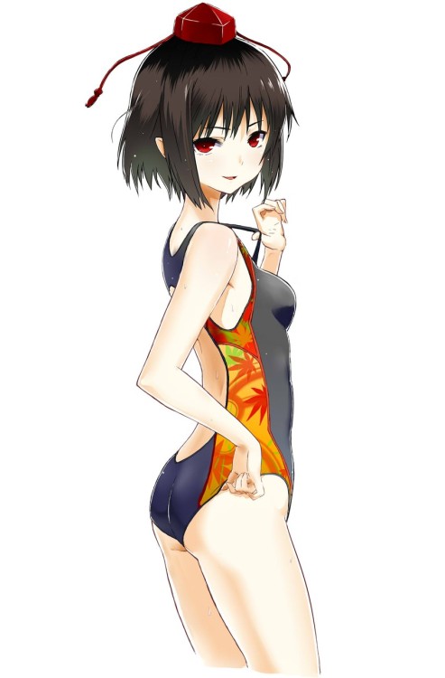 domenico-s-scraps:  1girl bare shoulders black hair breasts brown hair competition swimsuit cyiell (c1) hat highres jpeg artifacts looking at viewer looking back naughty face one-piece swimsuit pointy ears print swimsuit red eyes shameimaru aya short