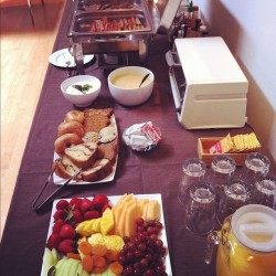 B'fast @GoldbergPhotography Potato pancakes, bacon/sausage, fruit &amp; pastries. OJ &amp; coffee to drink. #myJob #food #instaphoto  (Taken with Instagram)