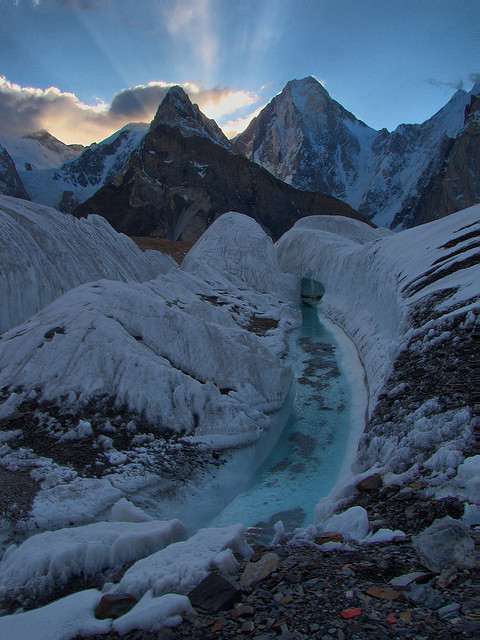 Sunrise behind Gasherbrum IV in Karakorum Mountains, Pakistan (by mikemellinger).