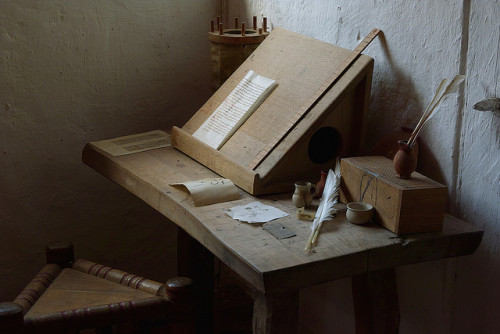 A desk in the merchants house in the medieval center at Sundby (Denmark).