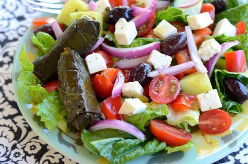 Greek Salad with Feta and a side of DolmasThis was my delicious lunch today. I love Greek salad! It&