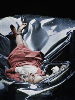 youll-never-get-me-alive:On May 1, 1947 Evelyn McHale leapt to her death from the observation deck of the Empire State Building. She had landed supine on a parked limousine and came to rest in an attitude that suggested peaceful sleep. The photo is often