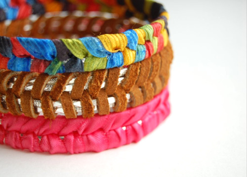 DIY Easy Ribbon, Suede or Yarn Wrapped Bangles from Wild Amor.Love this idea because I have at least