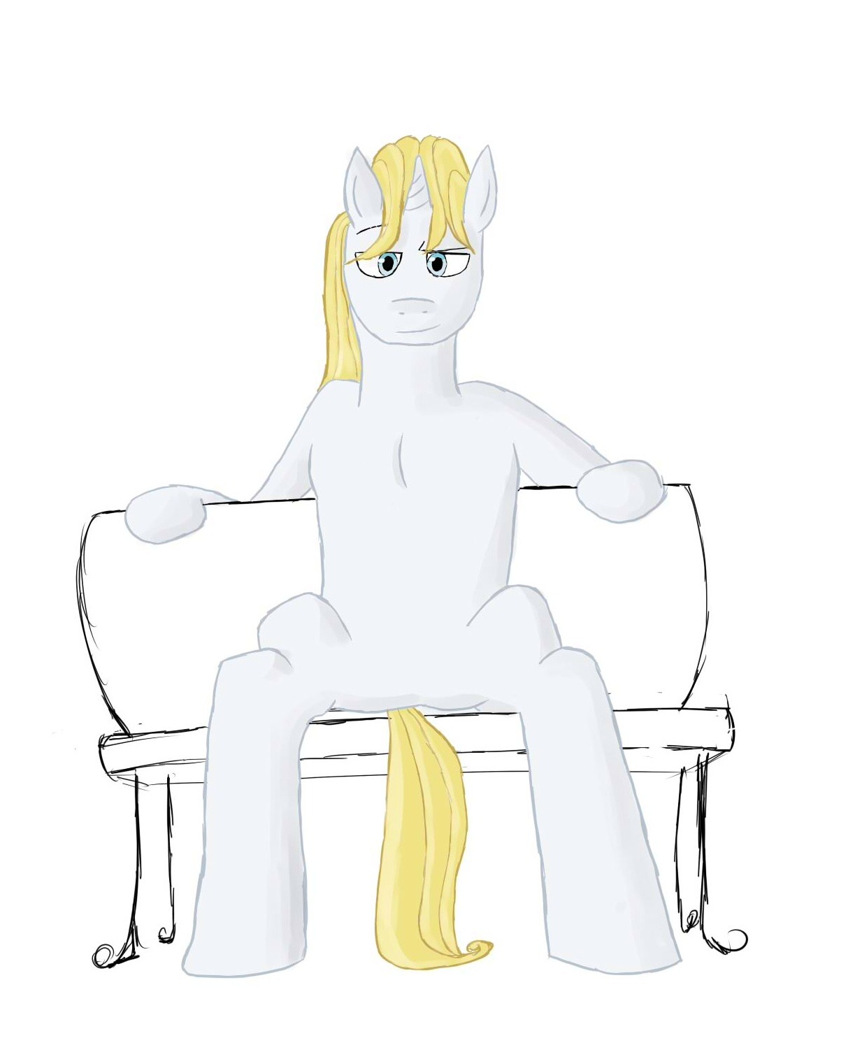 Blueblood sitting on a bench or something and he spots something that intrigues him. 
