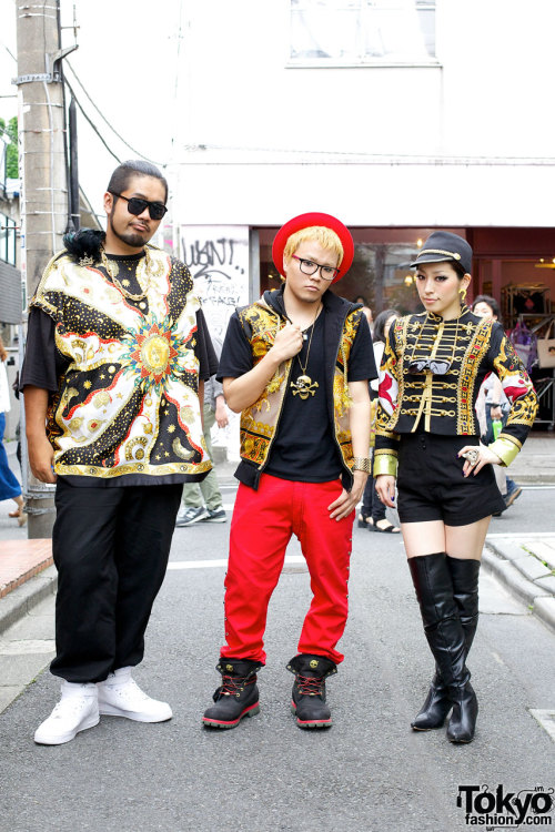 The indie J-Pop group Loco Mack wearing remake Versace &amp; So What? on the street in Harajuku.