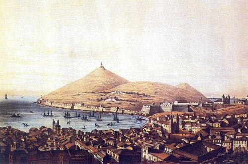 historiadosacores:  1850, Monte Brasil e a Cidade de Angra do Heroísmo, Ilha Terceira;  Angra do Heroísmo em 1850 - a cidade, a baía, a fortaleza, e o Monte Brasil. /  Angra do Heroísmo in 1850 - the city, the bay, the fortress, and Mount Brazil.