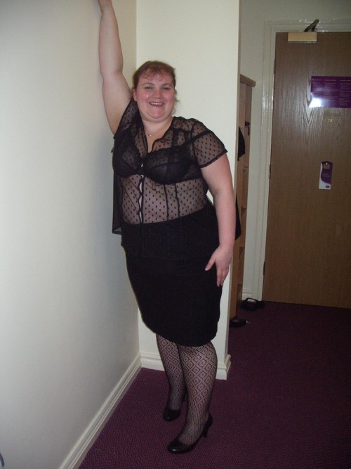 amateur-bbw: BBW wearing heels and see thru lingerie in hotel room