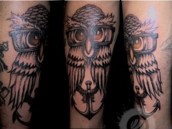 fuckyeahtattoos:  “Geek Owl on Anchor” by artist Gary Goza II, Chicago, IL.  2012 www.garygoza.com