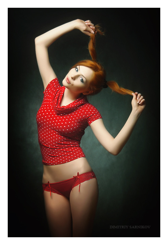 hot-redheads:  Redhead in red lingerie &amp; white dots. 