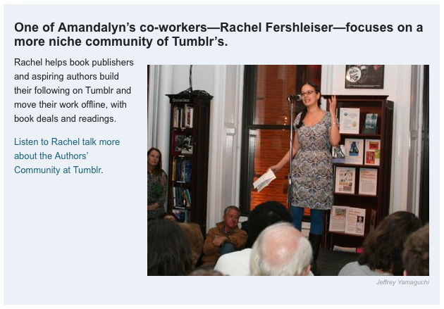 rachelfershleiser:
“ (via Community Managers At The Hottest Startups - Business Insider)
A flock of Tumblrs.
A murder of Tumblrs.
A community management of Tumblrs.
An Amandalyn of Tumblrs.
”
We are all honored to be “Amandalyn’s co-workers.”