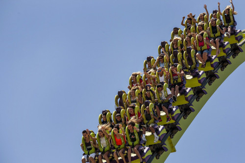 inothernews:FALL GUYS  Visitors rode the Medusa roller coaster at Six Flags Discovery Kingdom amusem