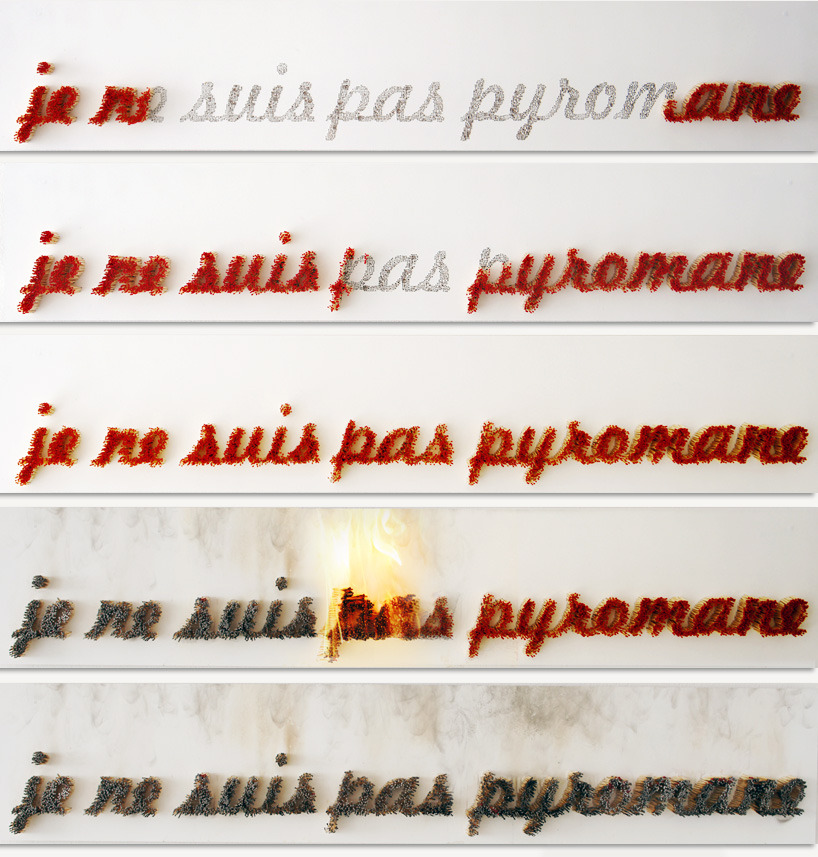 pulmonaire:  Le Pyromane by Ali Cherri spells out ‘I am not a pyromaniac’ using