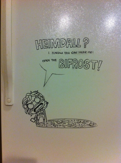 idontbelieveawordyousay:Thor has a hankering for some rainbow ice cream, but darn that Heimdall! He 