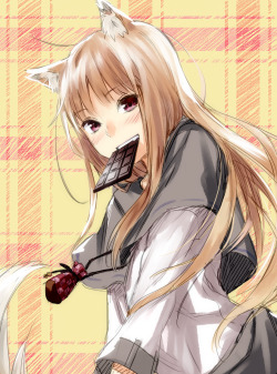 tsundere:  1girl animal ears blush brown hair chocolate holo long hair looking at viewer mouth hold plaid plaid background pouch red eyes rokkaku (ajisaidenden) sketch solo spice and wolf tail wolf ears