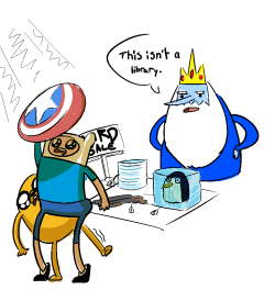 Finn and Jake chance upon a primo artifact among the itmes in the Ice King&rsquo;s Yard Sale. Though what is the deal with the Red, White and Blue? Drawn by a DrawFriend from an AT DrawThread a while back.