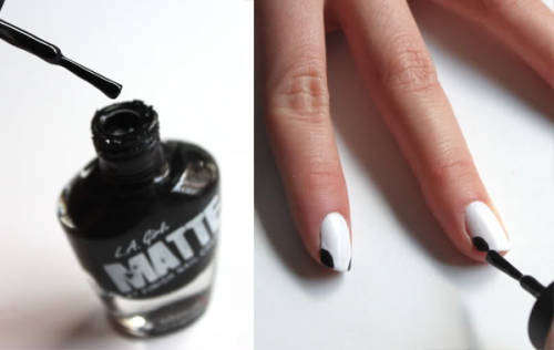 Start with a black, white & top coat.Base coat your nails in white & let them dryTake your b