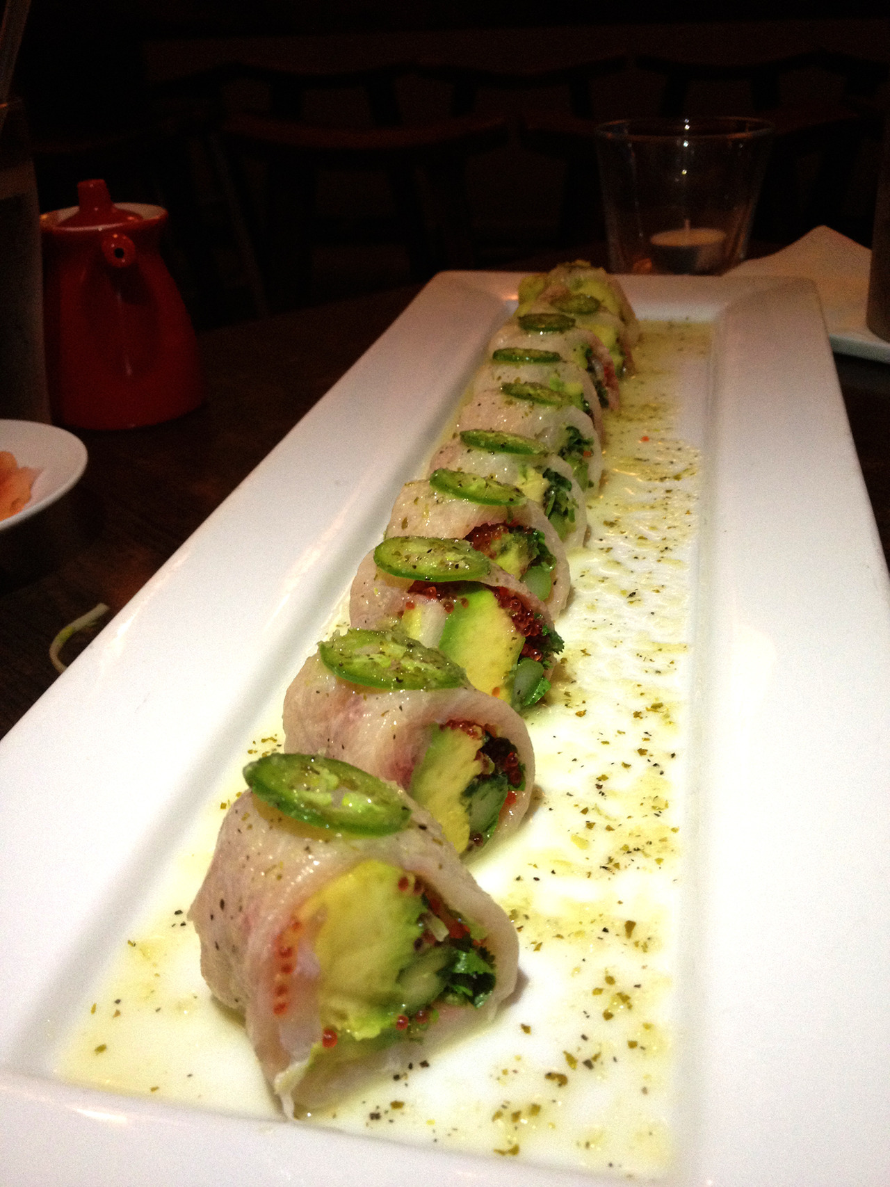 bvsc:  Jalapeno Hamachi at Sake Room One of their “riceless” rolls, the cool