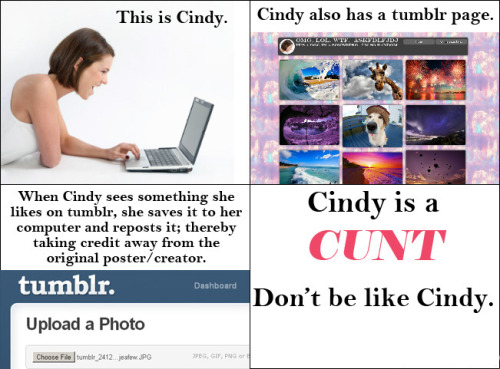throathammer: throathammer: sexualsustenance: Fucking Cindy, dumb ass bitch always talking shit and stabbing bitches in the back.  Cindy also steals content and posts it under the name FaceFuckBabe.  Boycott FaceFuckBabe and that bitch, Cindy. And then,