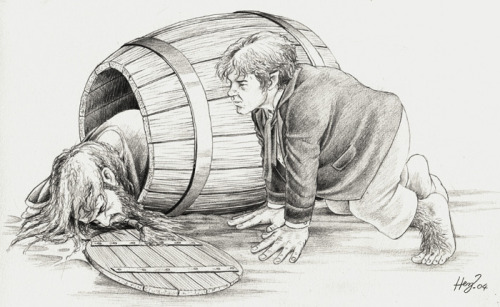 stoneofthehapless:frodoforever:Bilbo Baggins and Thorin in a Barrel, by Henning JanssenI love the fa