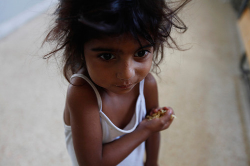 Marj, Lebanon: a young Syrian girl eats noodles in a government school, after fleeing Damascus | Ali