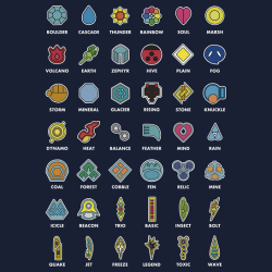 insanelygaming:  Pokemon Badges Created by polyhata Available on RedBubble Note from Artist: An illustrated list of the Gym Badges collectable from the Pokémon games, from Kanto to Unova. Let me know what you think! Does not include the Orange Islands