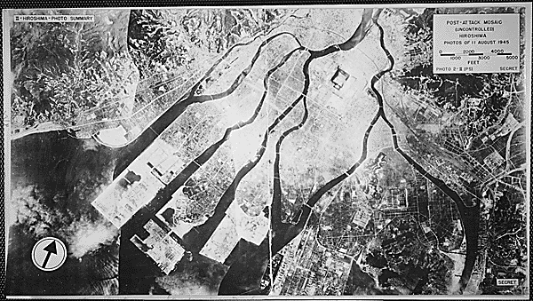 On August 6, 1945 the United Stated dropped an atomic bomb on Hiroshima, Japan. These two mosaics of aerial photographs show Hiroshima before and after.
“ Top: Pre-attack mosaic view of Hiroshima, Japan, 04/13/1945
Bottom: Post-attack mosaic view of...