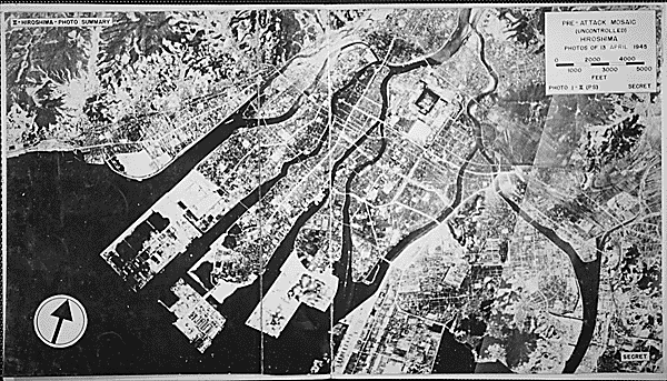 On August 6, 1945 the United Stated dropped an atomic bomb on Hiroshima, Japan. These two mosaics of aerial photographs show Hiroshima before and after.
“ Top: Pre-attack mosaic view of Hiroshima, Japan, 04/13/1945
Bottom: Post-attack mosaic view of...