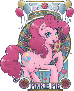 theponyartcollection:  Redux PP Nouveau by *hezaa  I certainly don&rsquo;t mind seeing more of these beautiful designs, even if Pinkie&rsquo;s been done before! I think the artist has improved noticeably since their earlier nouveau ponies.