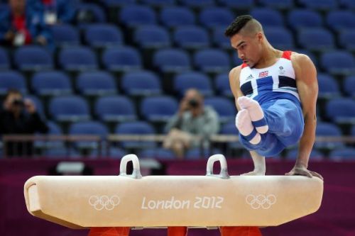 Team GB’s Lewis Smith on the pommel horse on the opening day of London 2012’s artistic g