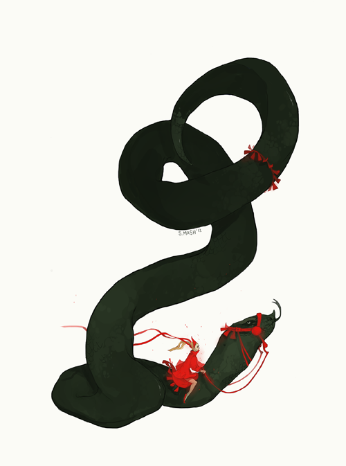 knockingghosts:Finally new art!I’ve always wanted to draw girls riding snakes. Like giant deadly but
