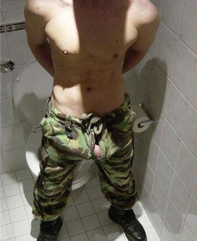 gasskinpig:  Military bulge..SOLDIER PIG with his POZ Cock at the TOILET waiting