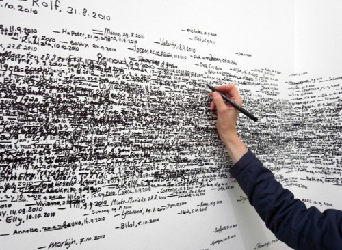 mugglesmagoo:  Interactive installation “Measuring the Universe” by Roman Ondak in which visitors mark their height in black ink on a white wall, representing a star in a network of celestial bodies to symbolize the space each individual takes up