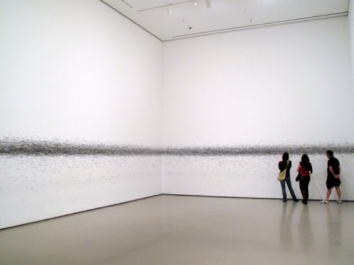 mugglesmagoo:  Interactive installation “Measuring the Universe” by Roman Ondak in which visitors mark their height in black ink on a white wall, representing a star in a network of celestial bodies to symbolize the space each individual takes up