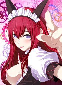 shy-azusa:  1girl animal ears blue eyes breasts bust fake animal ears gears long hair looking at viewer maid maid headdress makise kurisu nipples open clothes red hair shoumaru (gadget box) solo steins;gate tongue tongue out