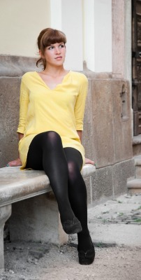 Pantyhoseparty:  Black Opaque Tights And Shoes With Yellow Dress