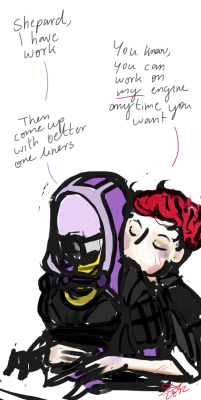 i-am-swimming-in-antibiotics:   Anonymous Draw Liara and FemShep being adorable. Or Tali getting it on with FemShep, because fuck canon.  I hope I get it I can’t write 