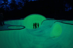 gizalagarce:  Glow in the dark skate park by artist Koo Jeong-A. He created the world’s first glow in the dark skate park entitled OTRO. The park is located in Brussels, Belgium, and has been built with a green phosphorescent concrete.