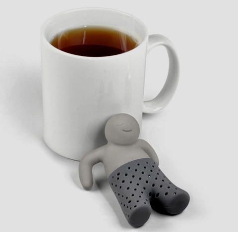 yogachick:  live-to-the-point-of-tears:  shorterexcerpts:inspirezme Meet Mister Tea he is an ideal tea-time companion. Just load his little silicone pants, perch him in your cup, relax for a minute as he does the work. Buy the little guy here.  