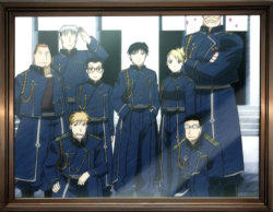 tamollay:  From left to right: Heymans Breda, Vato Falman, Jean Havoc, Kain Fuery, Roy Mustang, Riza Hawkeye, Maes Hughes, and Alex Louis Armstrong. 