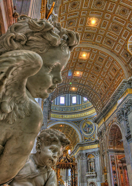 Cherub Angels overlooking the Baldacchino of St. Peter’s Basilica, Vatican (by msmith_az).