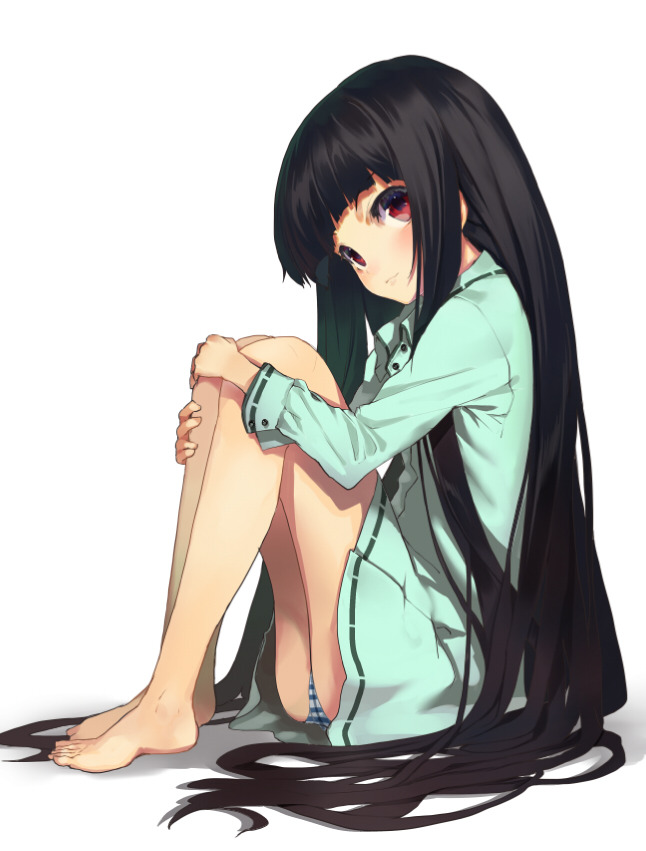 shy-azusa:  1girl bare legs barefoot black hair long hair original panties red eyes