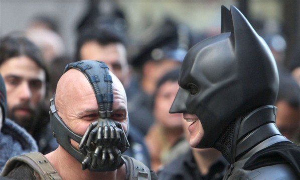 Tom Hardy and Christian Bale in between takes of the Dark Knight Rises.