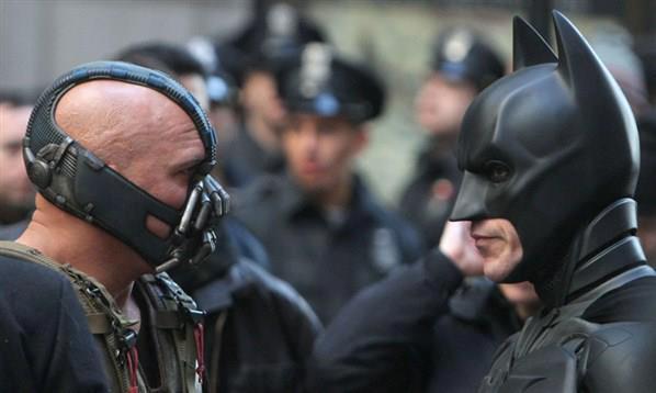 Tom Hardy and Christian Bale in between takes of the Dark Knight Rises.