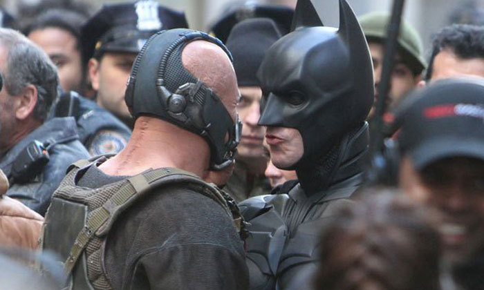 Tom Hardy and Christian Bale in between takes of the Dark Knight Rises.